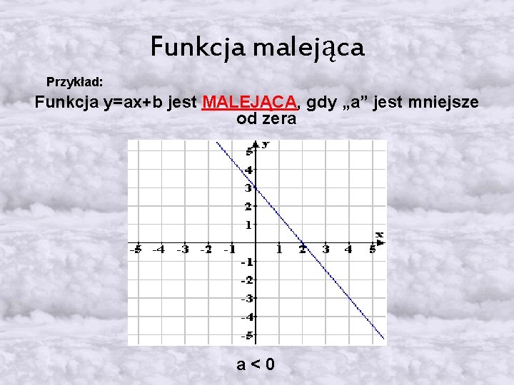 Funkcja malejąca Przykład: Funkcja y=ax+b jest MALEJĄCA, gdy „a” jest mniejsze od zera a<0