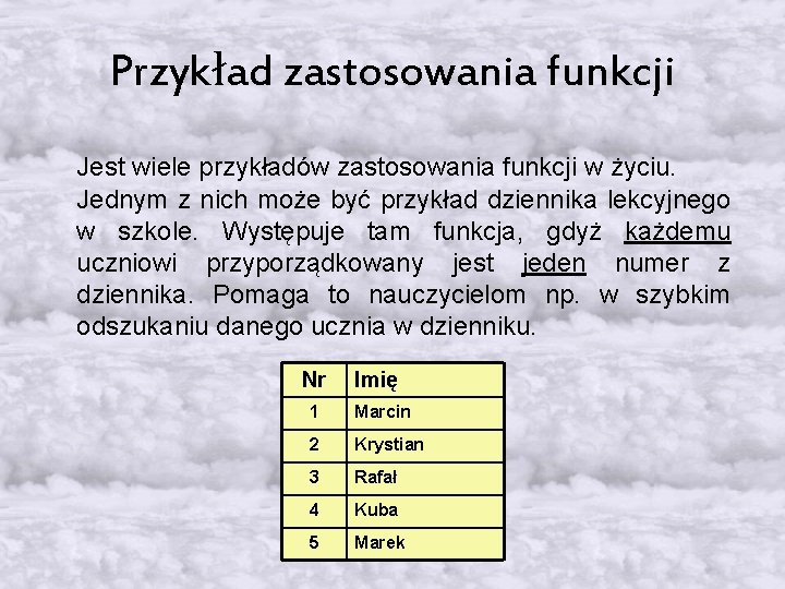 Przykład zastosowania funkcji Jest wiele przykładów zastosowania funkcji w życiu. Jednym z nich może