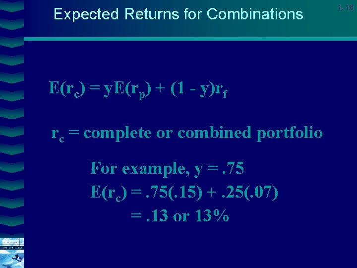 Expected Returns for Combinations E(rc) = y. E(rp) + (1 - y)rf rc =