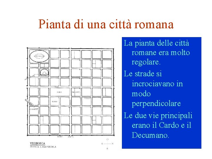 Pianta di una città romana La pianta delle città romane era molto regolare. Le