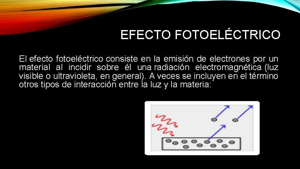 EFECTO FOTOELÉCTRICO El efecto fotoeléctrico consiste en la emisión de electrones por un material