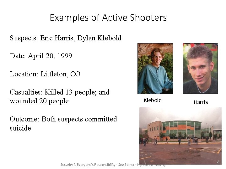 Examples of Active Shooters Suspects: Eric Harris, Dylan Klebold Date: April 20, 1999 Location: Examples of Active Shooters Suspects: Eric Harris, Dylan Klebold Date: April 20, 1999 Location: