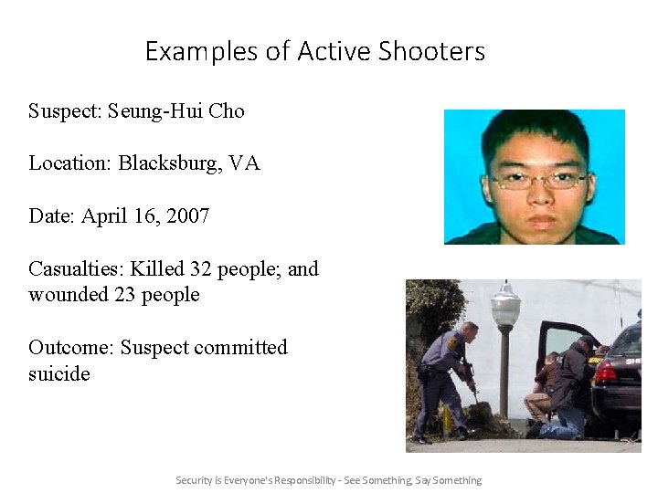 Examples of Active Shooters Suspect: Seung-Hui Cho Location: Blacksburg, VA Date: April 16, 2007 Examples of Active Shooters Suspect: Seung-Hui Cho Location: Blacksburg, VA Date: April 16, 2007