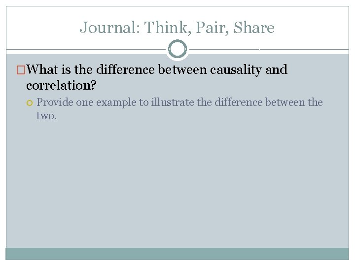 Journal: Think, Pair, Share �What is the difference between causality and correlation? Provide one Journal: Think, Pair, Share �What is the difference between causality and correlation? Provide one