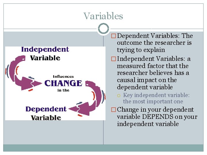 Variables � Dependent Variables: The outcome the researcher is trying to explain � Independent Variables � Dependent Variables: The outcome the researcher is trying to explain � Independent