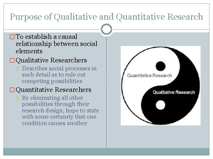 Purpose of Qualitative and Quantitative Research � To establish a causal relationship between social Purpose of Qualitative and Quantitative Research � To establish a causal relationship between social