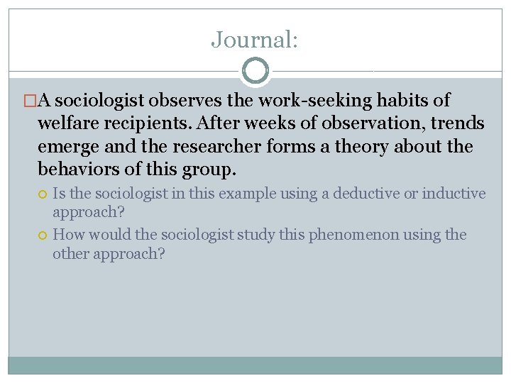 Journal: �A sociologist observes the work-seeking habits of welfare recipients. After weeks of observation, Journal: �A sociologist observes the work-seeking habits of welfare recipients. After weeks of observation,