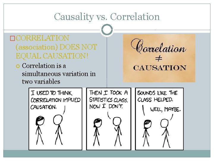 Causality vs. Correlation �CORRELATION (association) DOES NOT EQUAL CAUSATION! Correlation is a simultaneous variation Causality vs. Correlation �CORRELATION (association) DOES NOT EQUAL CAUSATION! Correlation is a simultaneous variation