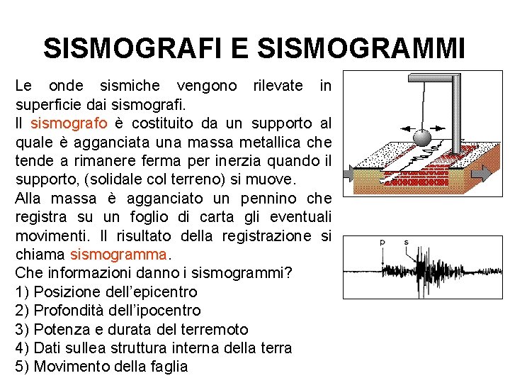 SISMOGRAFI E SISMOGRAMMI Le onde sismiche vengono rilevate in superficie dai sismografi. Il sismografo