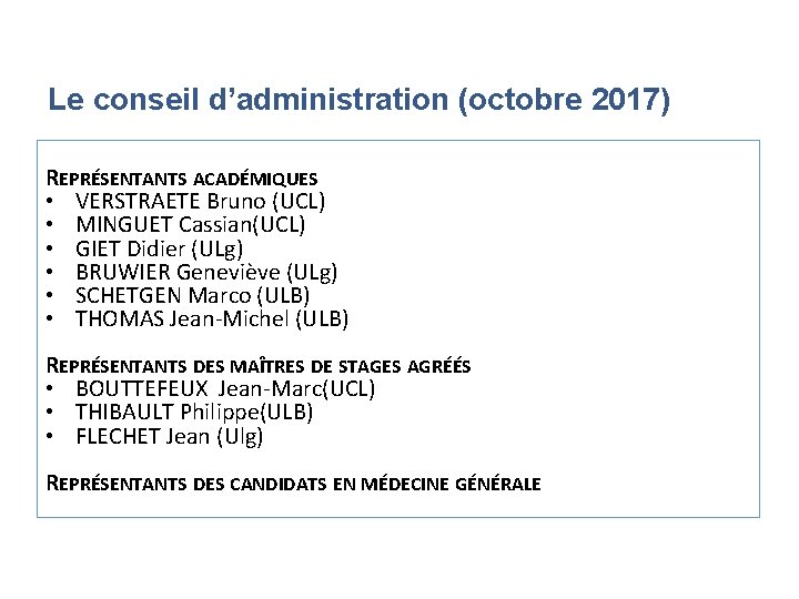 Le conseil d’administration (octobre 2017) REPRÉSENTANTS ACADÉMIQUES • VERSTRAETE Bruno (UCL) • MINGUET Cassian(UCL)