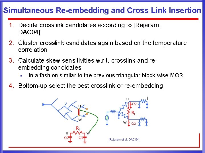 Simultaneous Re-embedding and Cross Link Insertion 1. Decide crosslink candidates according to [Rajaram, DAC