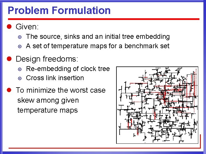 Problem Formulation l Given: ¤ ¤ The source, sinks and an initial tree embedding