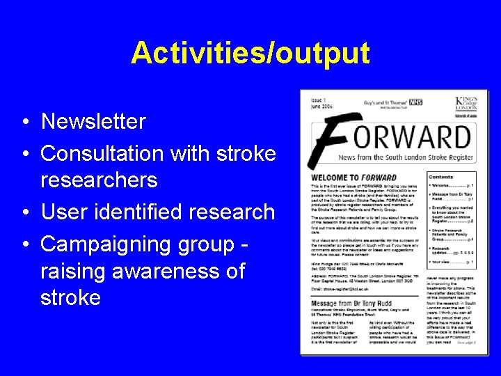 Activities/output • Newsletter • Consultation with stroke researchers • User identified research • Campaigning