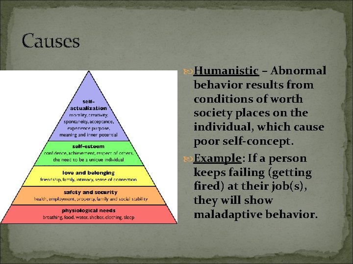 Causes Humanistic – Abnormal behavior results from conditions of worth society places on the