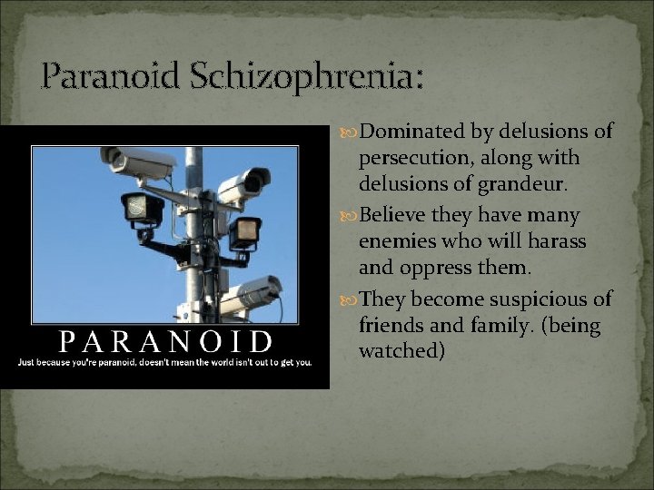 Paranoid Schizophrenia: Dominated by delusions of persecution, along with delusions of grandeur. Believe they