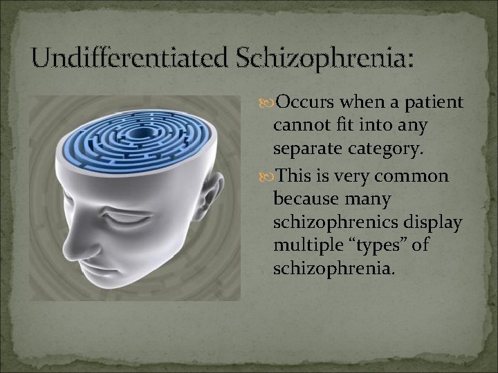 Undifferentiated Schizophrenia: Occurs when a patient cannot fit into any separate category. This is