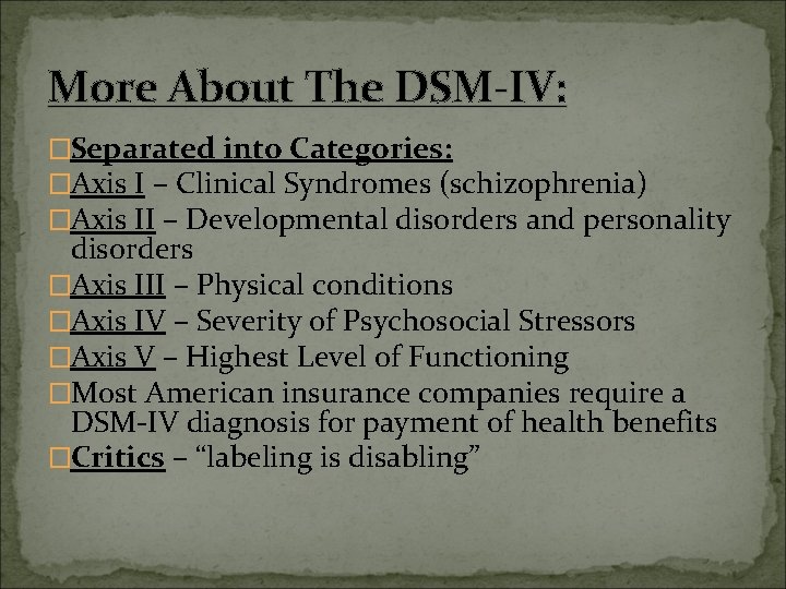 More About The DSM-IV: �Separated into Categories: �Axis I – Clinical Syndromes (schizophrenia) �Axis
