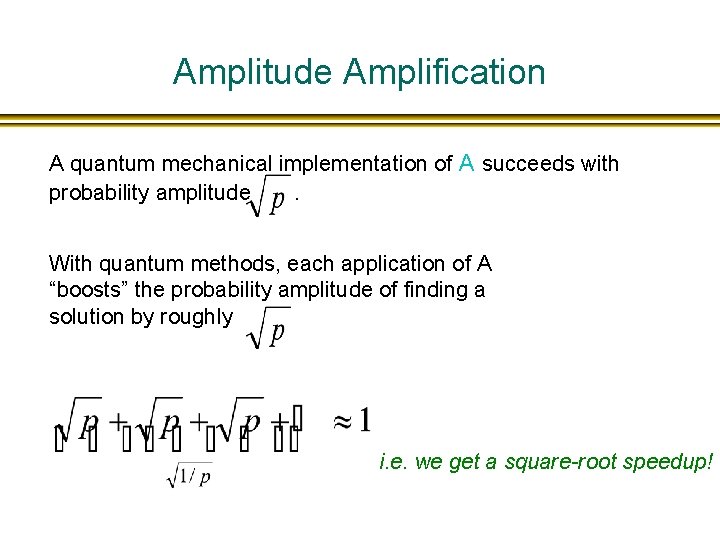 Amplitude Amplification A quantum mechanical implementation of A succeeds with probability amplitude . With