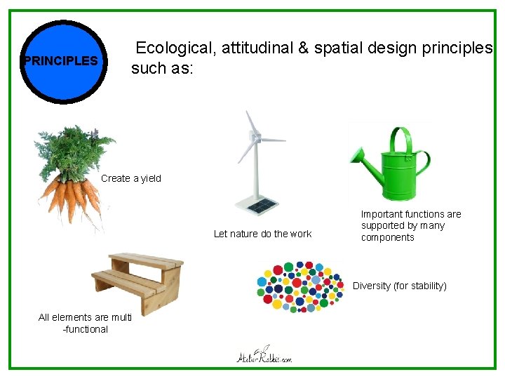 PRINCIPLES Ecological, attitudinal & spatial design principles such as: Create a yield Let nature