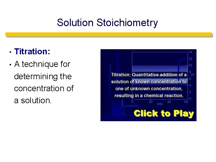 Solution Stoichiometry • Titration: • A technique for determining the concentration of a solution.