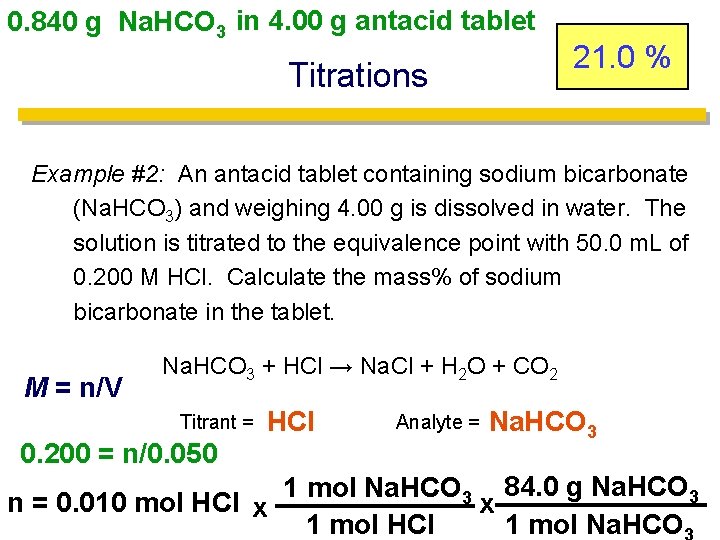 0. 840 g Na. HCO 3 in 4. 00 g antacid tablet Titrations 21.