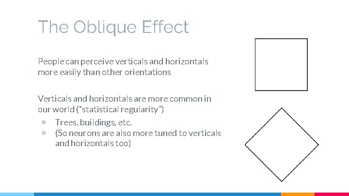The Oblique Effect People can perceive verticals and horizontals more easily than other orientations