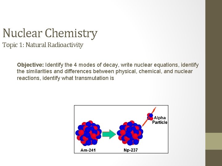 Nuclear Chemistry Topic 1: Natural Radioactivity Objective: Identify the 4 modes of decay, write