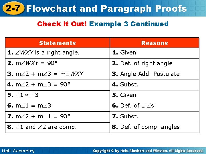 2 -7 Flowchart and Paragraph Proofs Check It Out! Example 3 Continued Statements Reasons