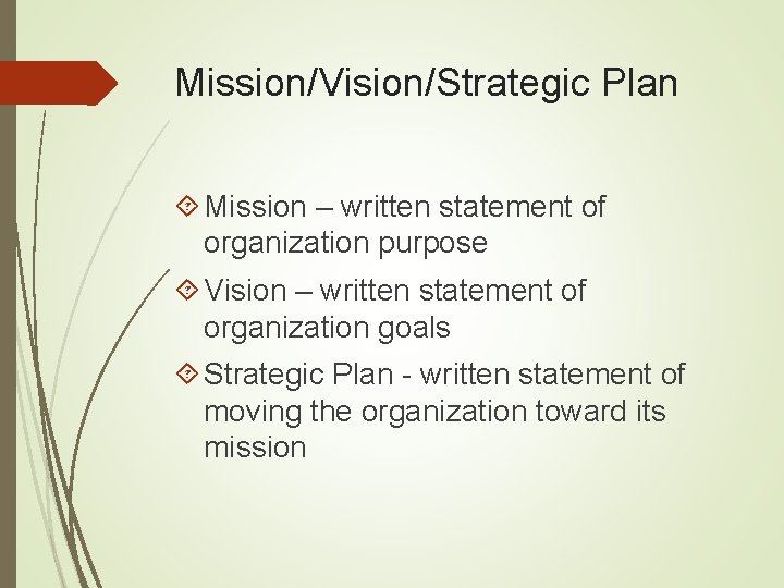 Mission/Vision/Strategic Plan Mission – written statement of organization purpose Vision – written statement of