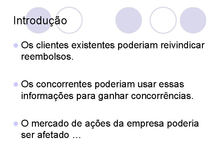 Introdução l Os clientes existentes poderiam reivindicar reembolsos. l Os concorrentes poderiam usar essas