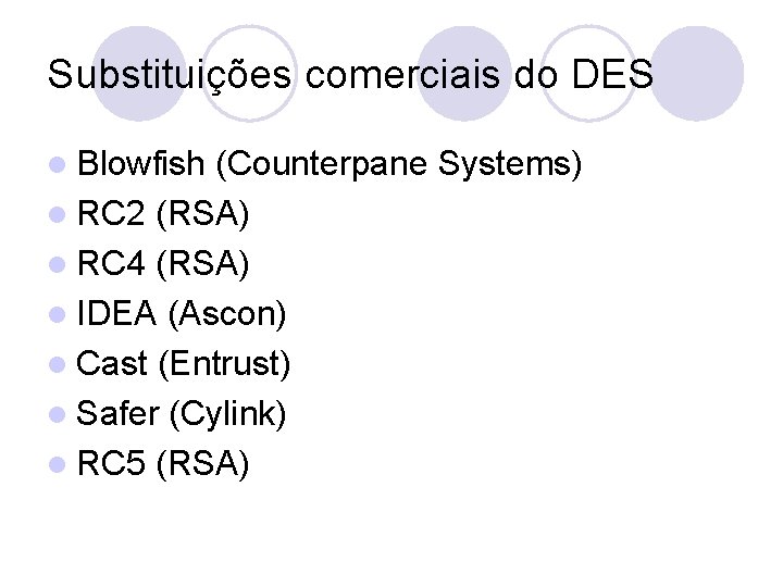 Substituições comerciais do DES l Blowfish (Counterpane Systems) l RC 2 (RSA) l RC