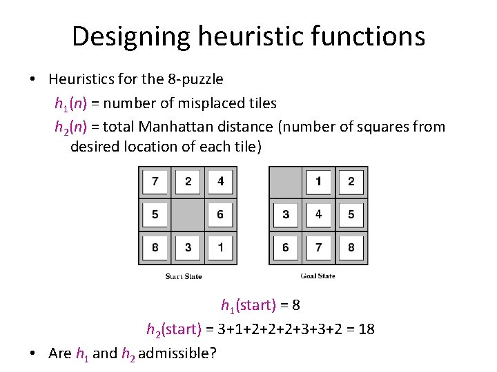 Designing heuristic functions • Heuristics for the 8 -puzzle h 1(n) = number of