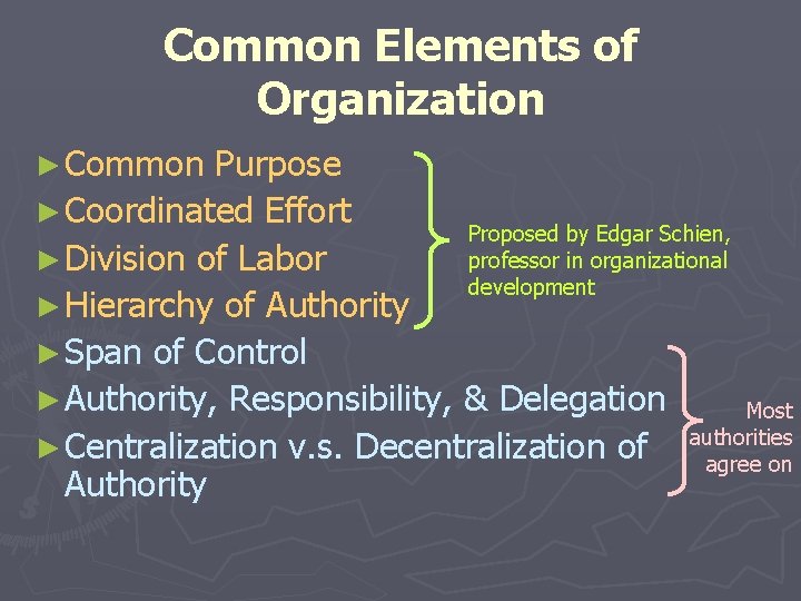 Common Elements of Organization ► Common Purpose ► Coordinated Effort Proposed by Edgar Schien, Common Elements of Organization ► Common Purpose ► Coordinated Effort Proposed by Edgar Schien,