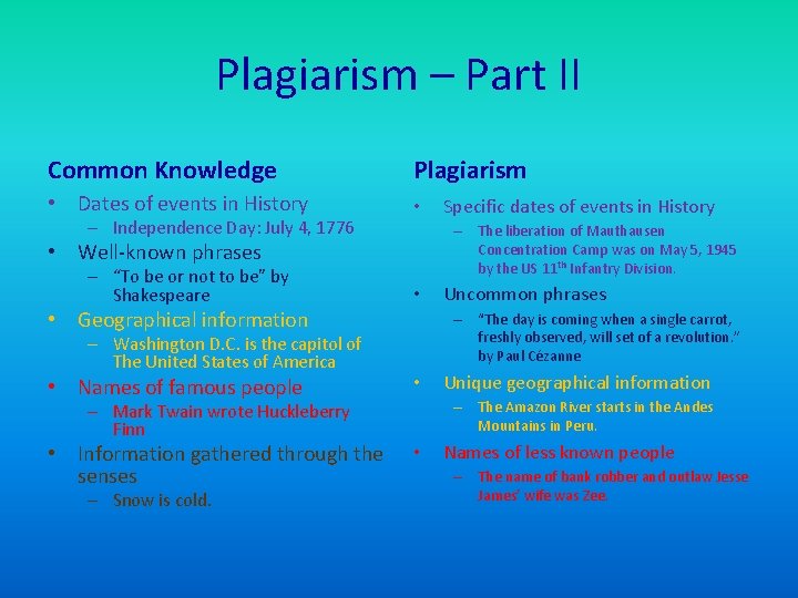 Plagiarism – Part II Common Knowledge Plagiarism • Dates of events in History •