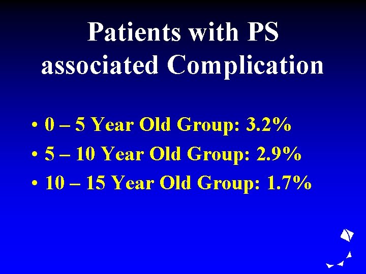 Patients with PS associated Complication • 0 – 5 Year Old Group: 3. 2%