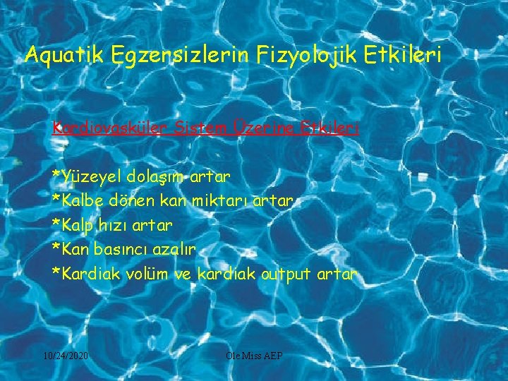 Aquatik Egzersizlerin Fizyolojik Etkileri Kardiovasküler Sistem Üzerine Etkileri *Yüzeyel dolaşım artar *Kalbe dönen kan