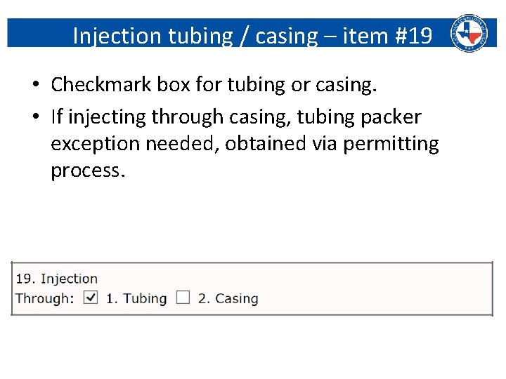 Injection tubing / casing – item #19 • Checkmark box for tubing or casing.