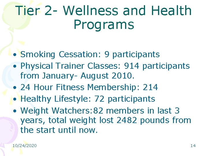 Tier 2 - Wellness and Health Programs • Smoking Cessation: 9 participants • Physical