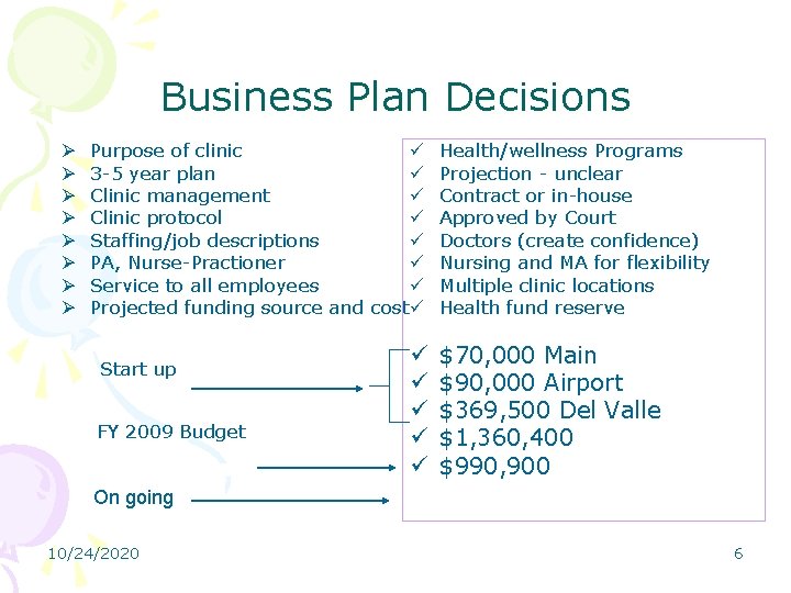 Business Plan Decisions Ø Ø Ø Ø Purpose of clinic ü 3 -5 year