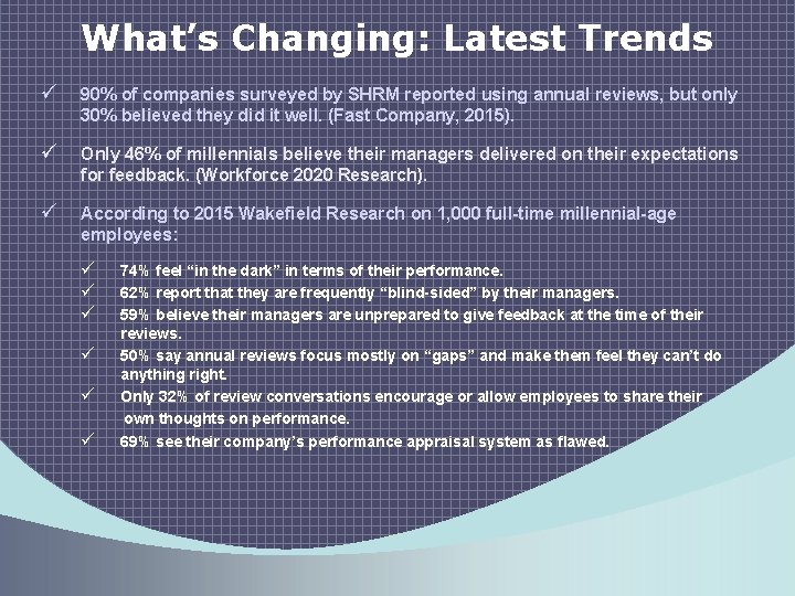 What’s Changing: Latest Trends ü 90% of companies surveyed by SHRM reported using annual