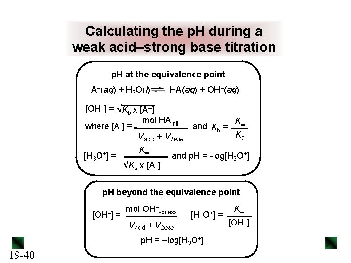 Calculating the p. H during a weak acid–strong base titration p. H at the