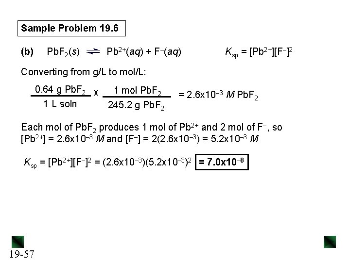 Sample Problem 19. 6 (b) Pb. F 2(s) Pb 2+(aq) + F–(aq) Ksp =