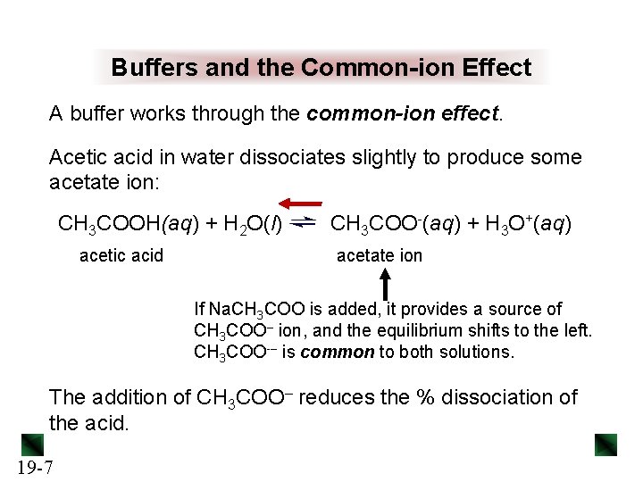 Buffers and the Common-ion Effect A buffer works through the common-ion effect. Acetic acid