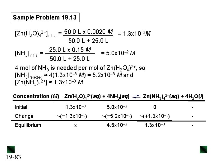 Sample Problem 19. 13 [Zn(H 2 O)42+]initial = 50. 0 L x 0. 0020