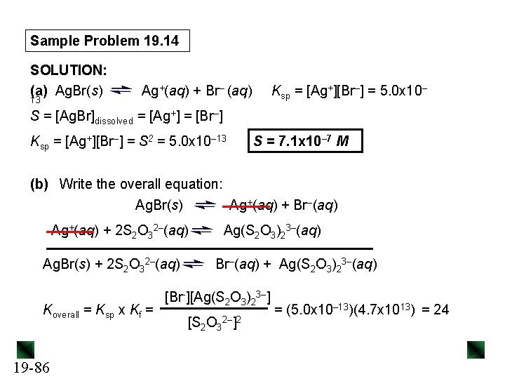 Sample Problem 19. 14 SOLUTION: (a) Ag. Br(s) 13 Ag+(aq) + Br– (aq) Ksp