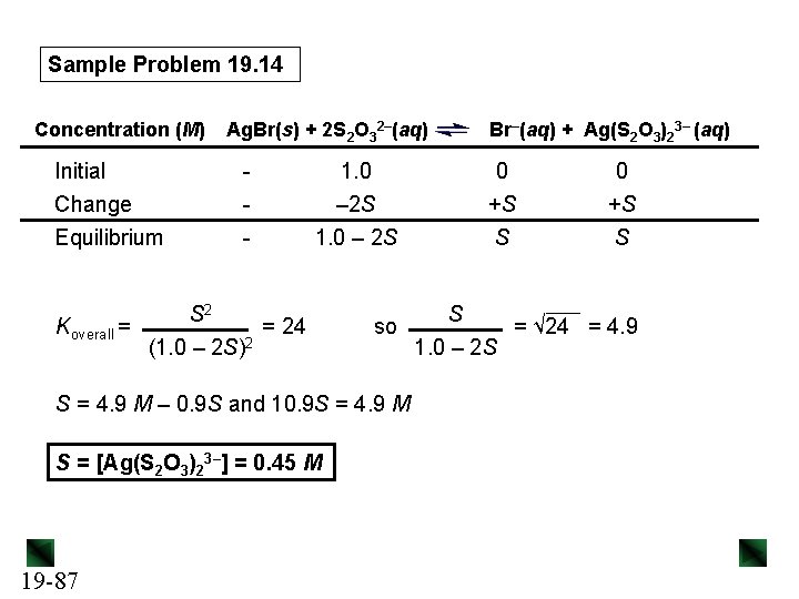 Sample Problem 19. 14 Ag. Br(s) + 2 S 2 O 32–(aq) Concentration (M)