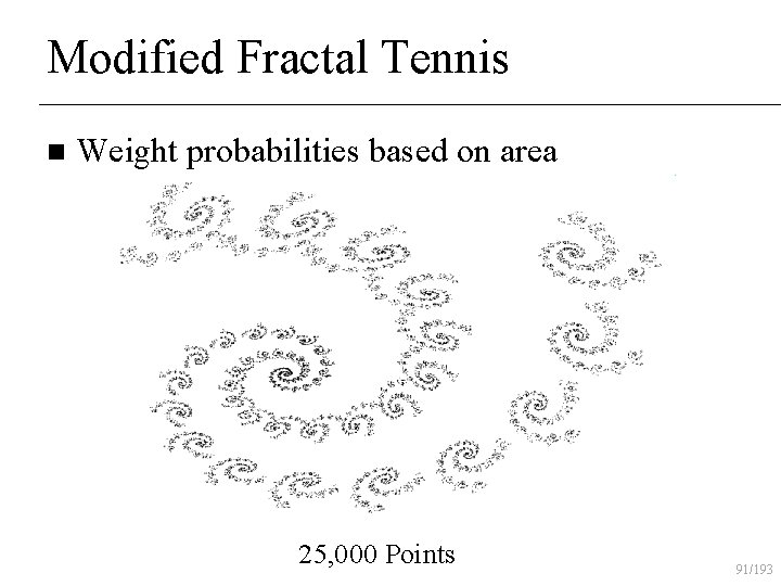 Modified Fractal Tennis n Weight probabilities based on area 25, 000 Points 91/193 