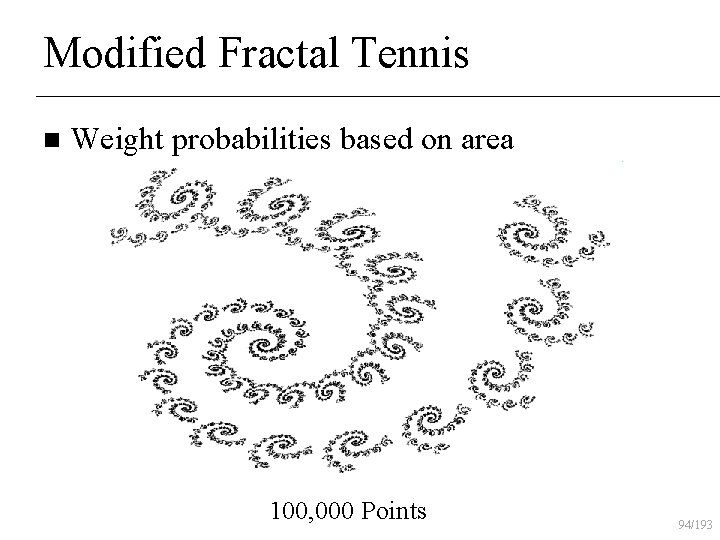Modified Fractal Tennis n Weight probabilities based on area 100, 000 Points 94/193 