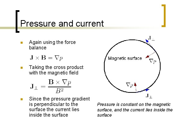 Pressure and current n Again using the force balance n Taking the cross product