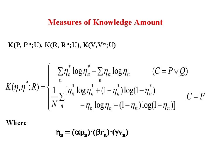 Measures of Knowledge Amount K(P, P*; U), K(R, R*; U), K(V, V*; U) Where